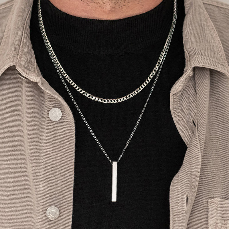 3D Vertical Bar Necklaces for Men Layering Stainless Steel Geometric Pendant Layered Wheat Rope Cuban Chain Boy Collar