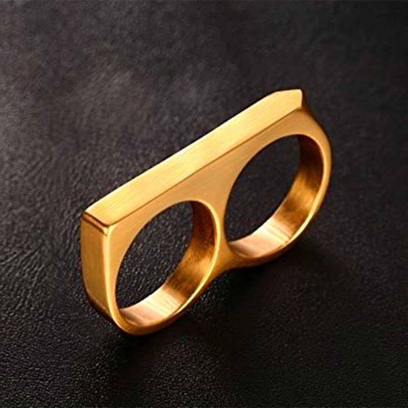 Hip hop two finger rings 18k yellow gold plated fashion novelty mexican biker double finger ring for men