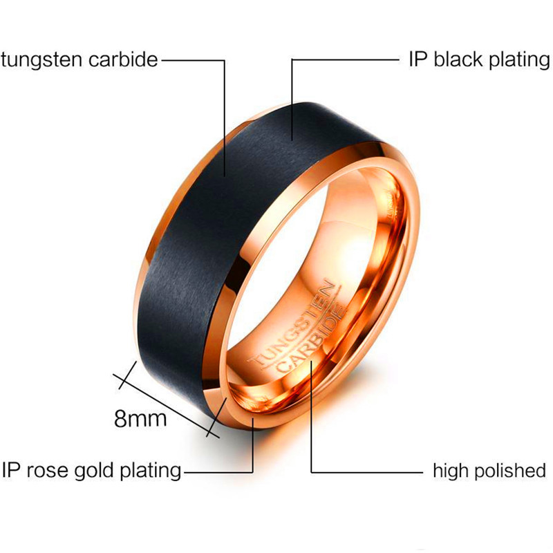 Mens Tungsten Carbide  Wedding Ring Two Tone Black Rose Gold Brushed Engagement Fashion  Wedding Ring