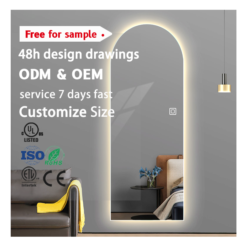 High Quality SAA CE Arched Shape Frameless Wall Decorative Full Body battery operated led full length mirror