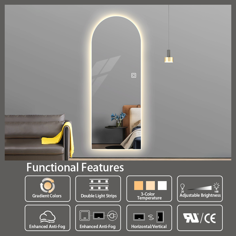 High Quality SAA CE Arched Shape Frameless Wall Decorative Full Body battery operated led full length mirror