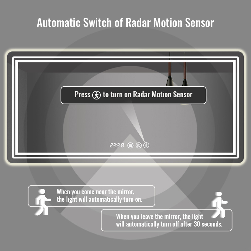 High-tech HD bathroom luxury hanging lighted mirror with led and sound automated motion sensor mirror