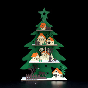 Wholesale custom design  Christmas scene tree 3D wooden decoration with warm light