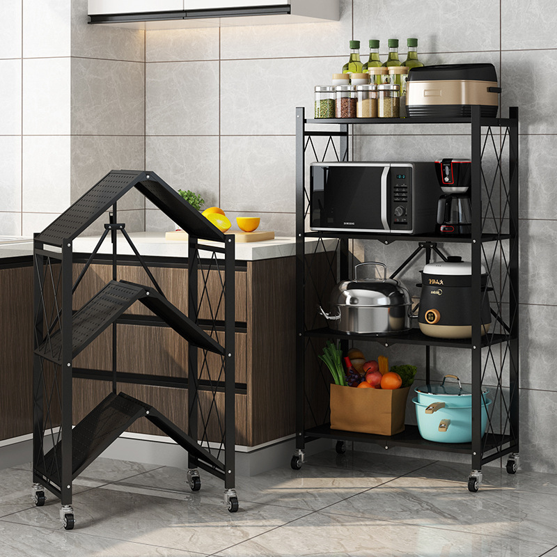 Foldable Kitchen Storage Shelf Kitchenware Microwave Oven Rack 4 Layers Movable Organize Shelf