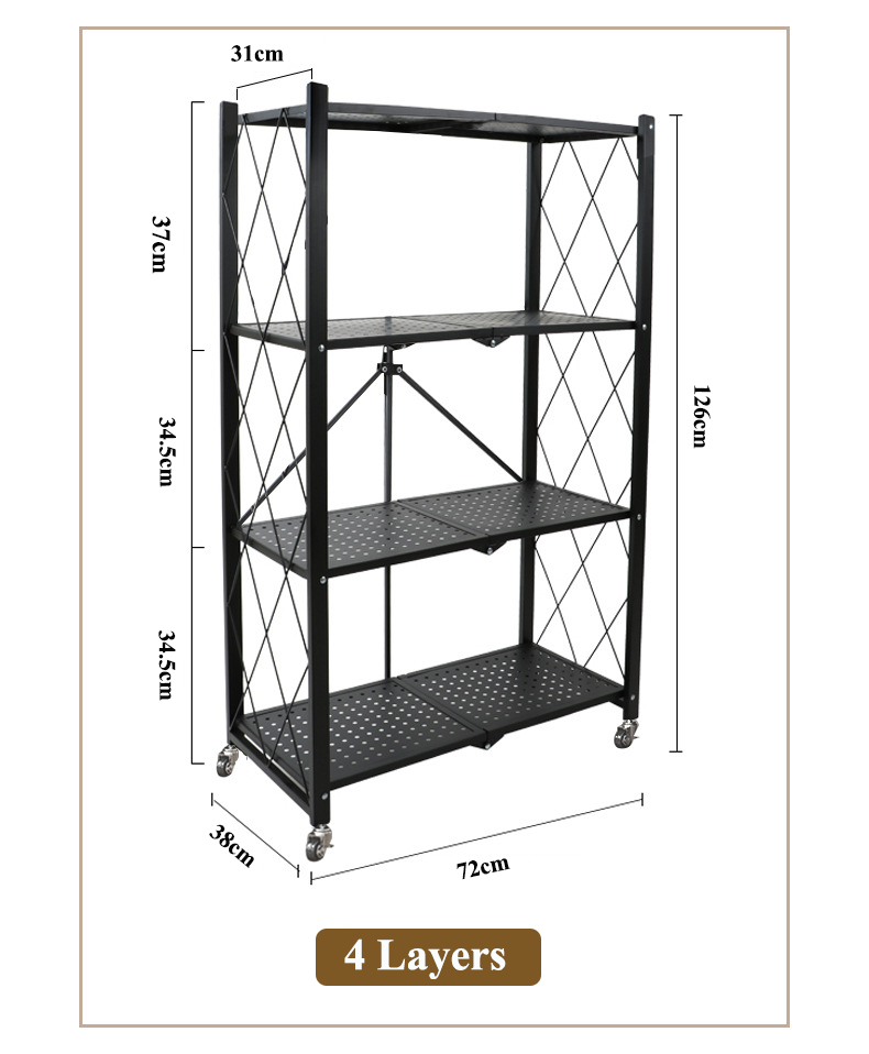 Foldable Kitchen Storage Shelf Kitchenware Microwave Oven Rack 4 Layers Movable Organize Shelf