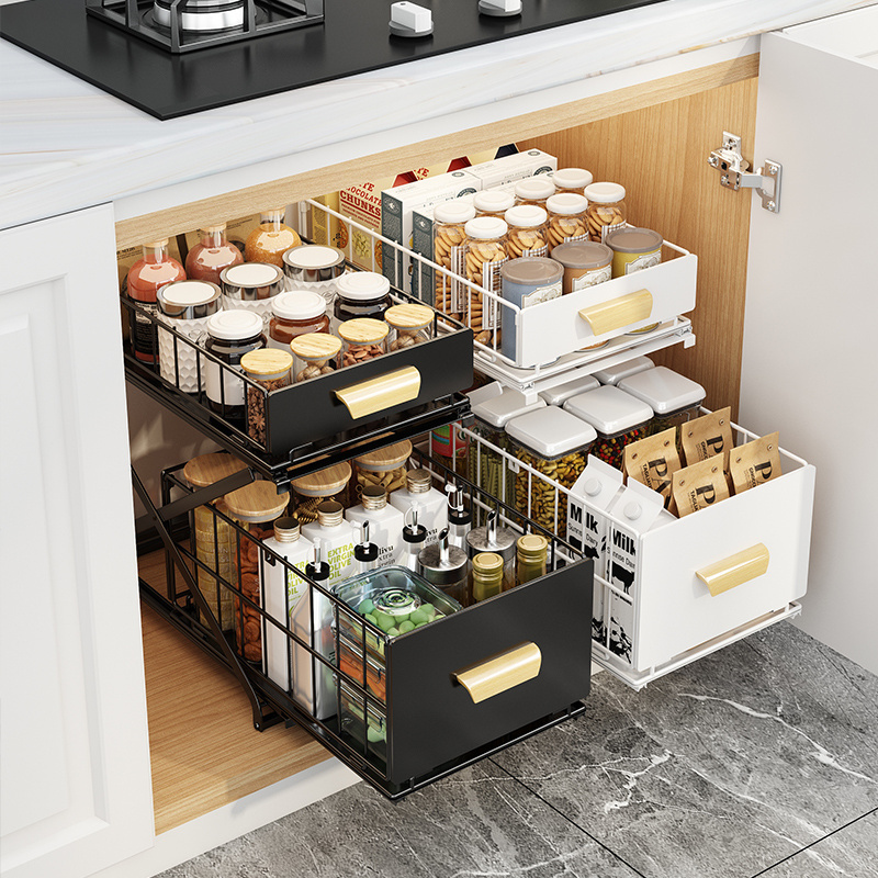 Household Cabinet Double Layers Shelf Carbon Steel Kitchen Organizer Pull Out Sliding Under Sink Spice Rack Storage Drawer