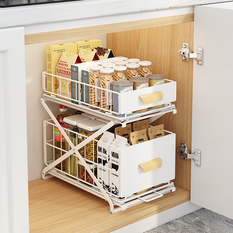 Household Cabinet Double Layers Shelf Carbon Steel Kitchen Organizer Pull Out Sliding Under Sink Spice Rack Storage Drawer