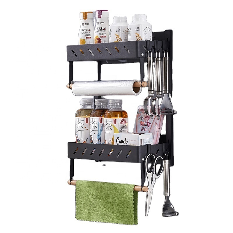 Stainless Steel Magnetic Kitchen Double Layer Fridge Rack Wall-Mounted Spice Towel Plastic Wrap Organizer Folding Storage Rack