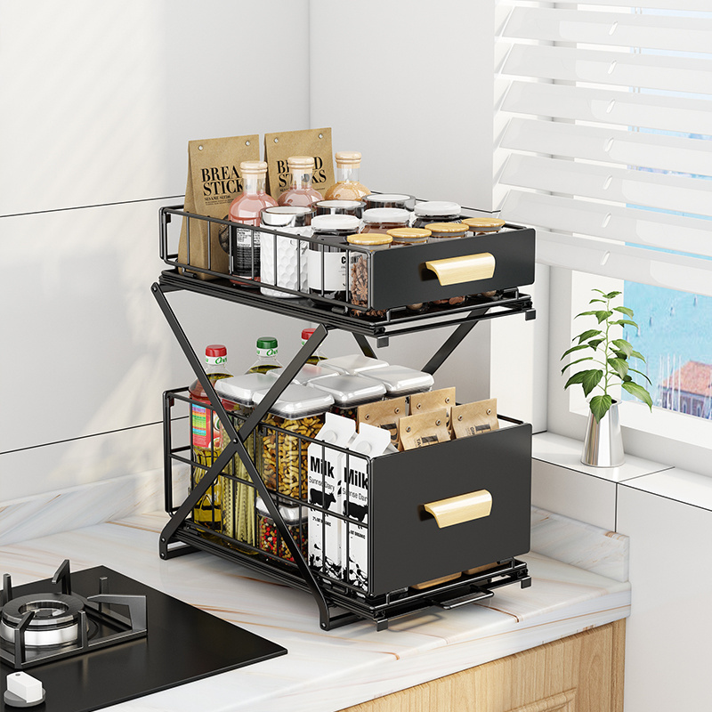 Household Cabinet Double Layers Shelf Carbon Steel Kitchen Organizer Pull Out Sliding Under Sink Spice Rack Storage Drawer