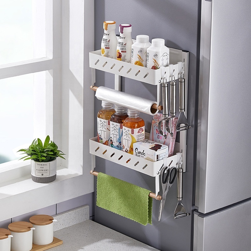 Stainless Steel Magnetic Kitchen Double Layer Fridge Rack Wall-Mounted Spice Towel Plastic Wrap Organizer Folding Storage Rack