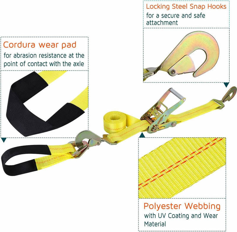 Factory Wholesale Polyester Ratchet Tie Down Axle Straps with Snap Hooks Race Car Trailer Car Hauler