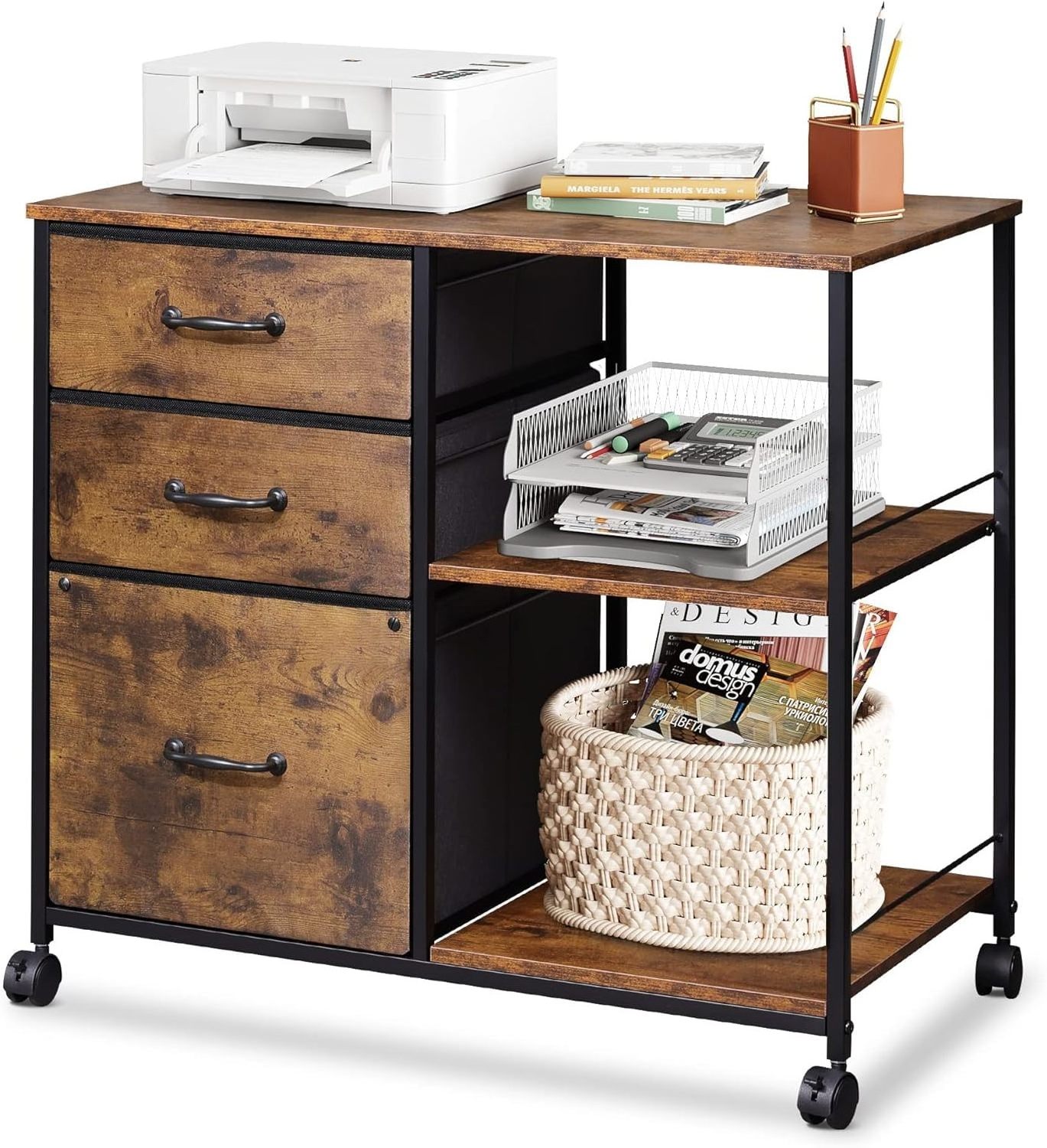 Brown Rustic Wood Fabric Lateral Filing File Cabinet 3 Drawer Mobile Rolling Printer Stand with Open Storage Shelf