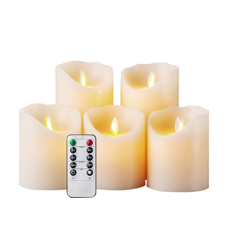 Battery Operated Flameless Flicking Realistic Moving Set of 5 Ivory LED Candles Real Wax Pillar with 10-Key Remote Control Timer