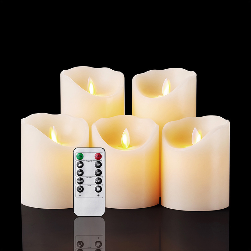 Battery Operated Flameless Flicking Realistic Moving Set of 5 Ivory LED Candles Real Wax Pillar with 10-Key Remote Control Timer