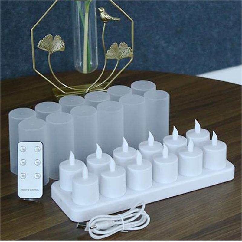 12pcs/Set 300Mah 100 Hours On Time Warm White Flickering  Flameless Multi Color USB Remote Control Rechargeable Tea Lights