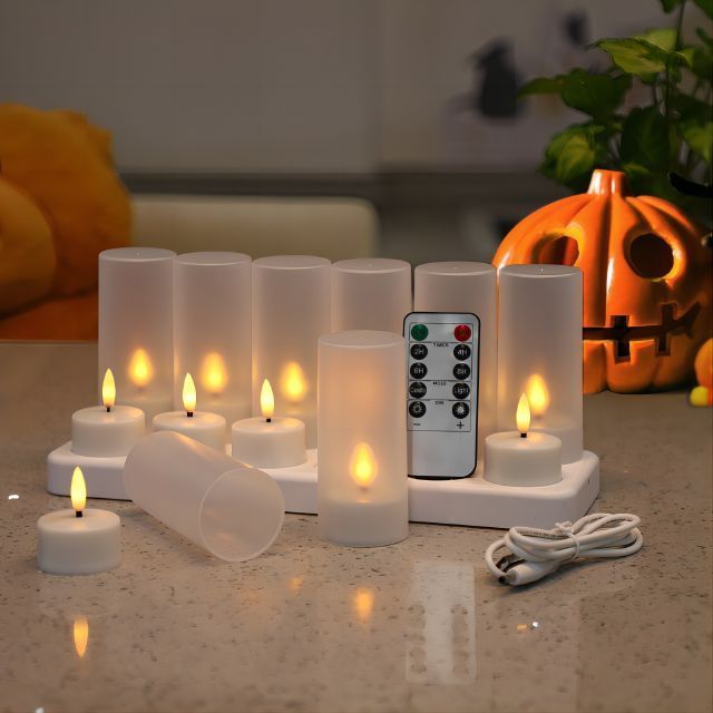 BSCI Set 12 Remote Control Warm White Flickering Flameless  Candles Home Decor Rechargeable LED Tea Lights