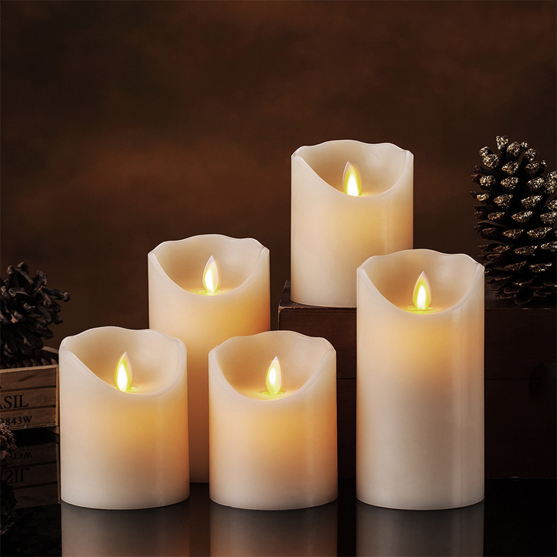 Battery Operated Flameless Flicking Realistic Moving Set of 5 Ivory LED Candles Real Wax Pillar with 10-Key Remote Control Timer