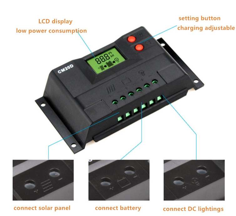 China instructions intelligent tracker controller digital 20a 12v 24v micro smart pwm solar charge controller with LCD USB