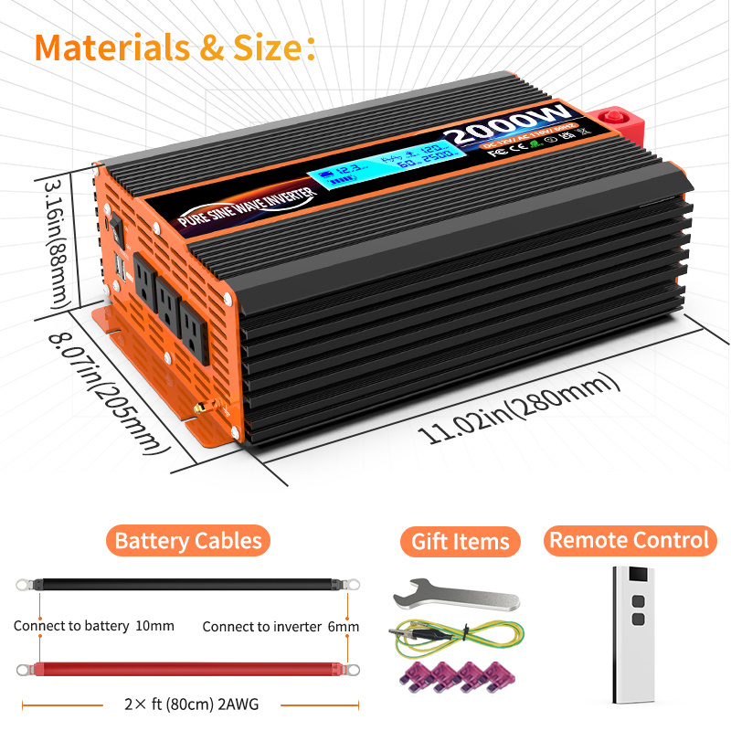 OffGrid inverters converters 2kva 2000w power inverter 120V 230V Pure Sine Wave 12V 24V 2Kw solar power inverter ups charger