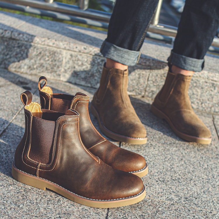 Wholesale Luxury Hommes Hombre High Top Rubber Sole Brown Pure Leather Classic Work Ankle Suede Leather Men's Chelsea Boot