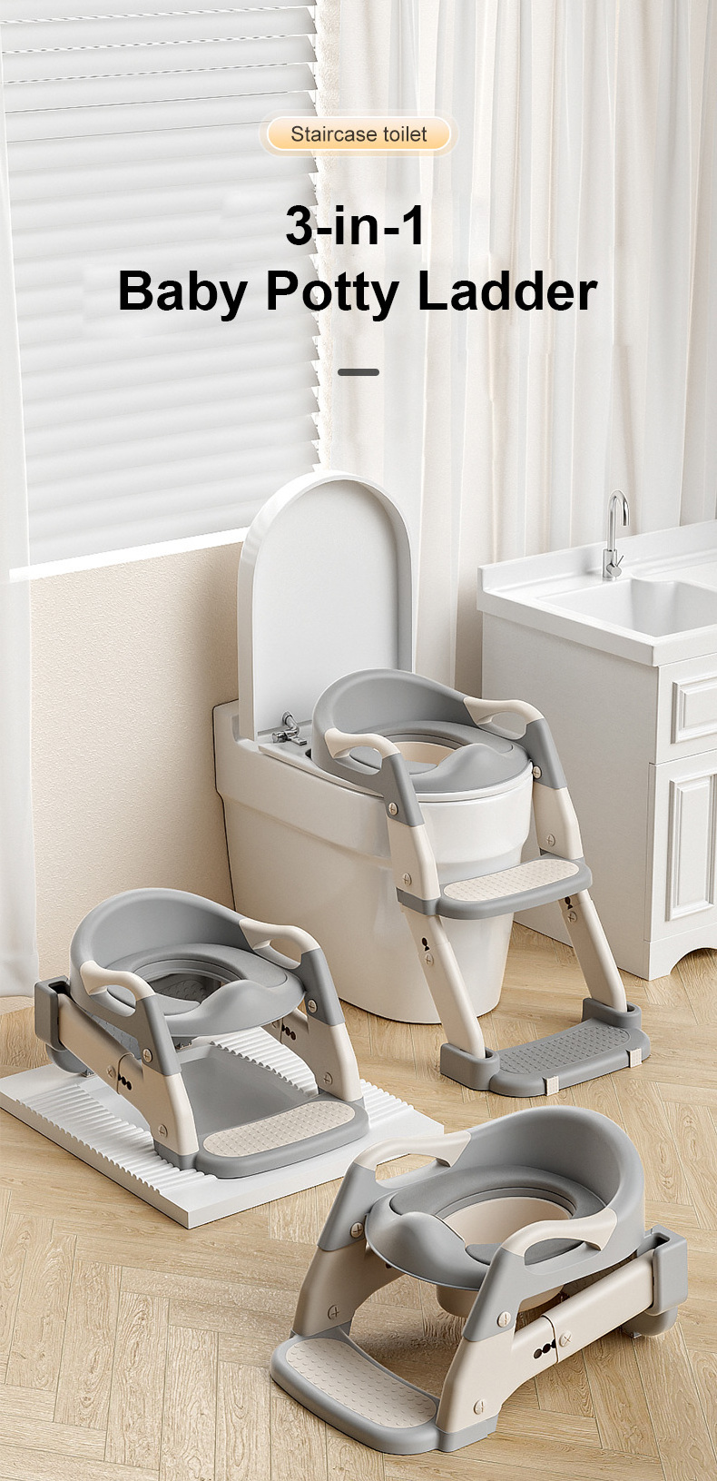 3-in-1 Toilet Potty Training Seat with Step Stool Folding Potty Chair Suitable for Squatting Toilets and Adult Toilets