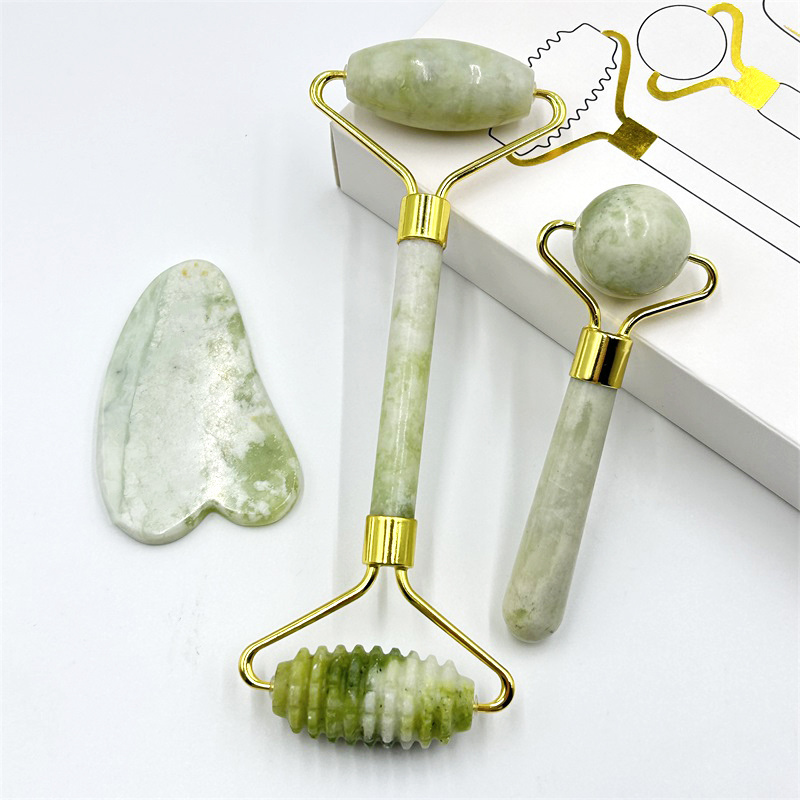 High Quality Green  natural Jade Roller Face Massage Roller Jade Guasha Stone Set