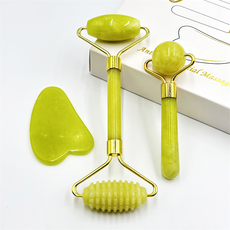 High Quality Green  natural Jade Roller Face Massage Roller Jade Guasha Stone Set