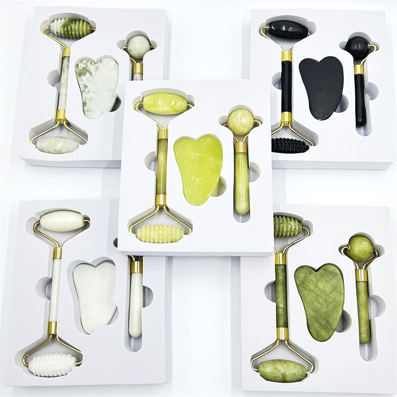 High Quality Green  natural Jade Roller Face Massage Roller Jade Guasha Stone Set