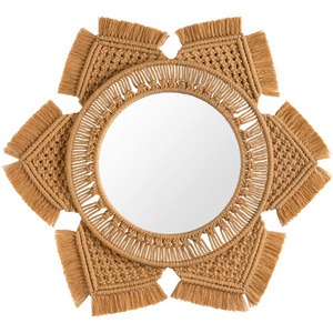 Wall Mirror with Macrame Fringe Round Boho Mirror Art Decor for Apartment Living Room Bedroom Baby Nursery Dorm Entryways