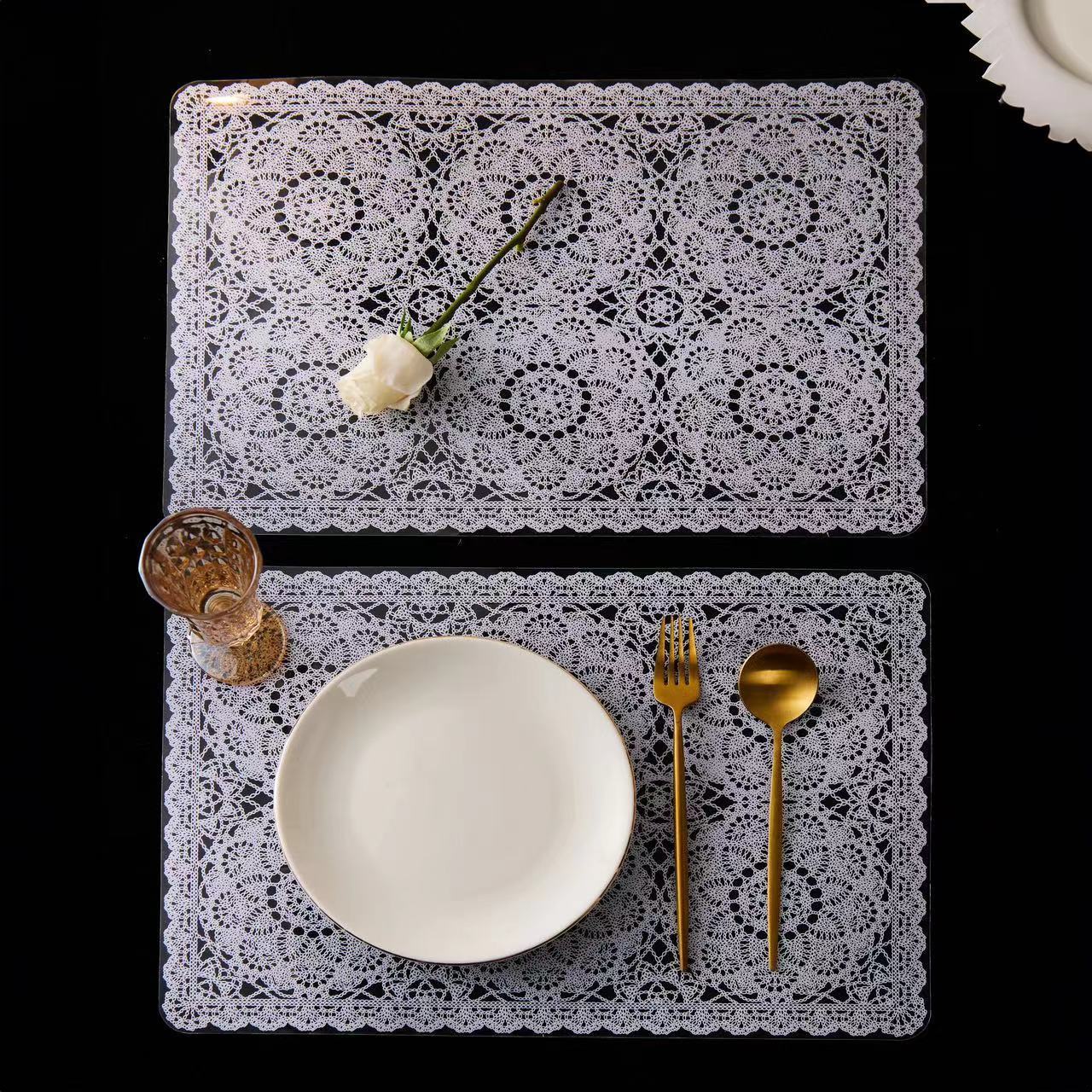 2024 New Tabletex Square Lace Waterproof and Oil proof Table Mat Home Decoration Table Mat PVC Vinyl Pressed Table Mat