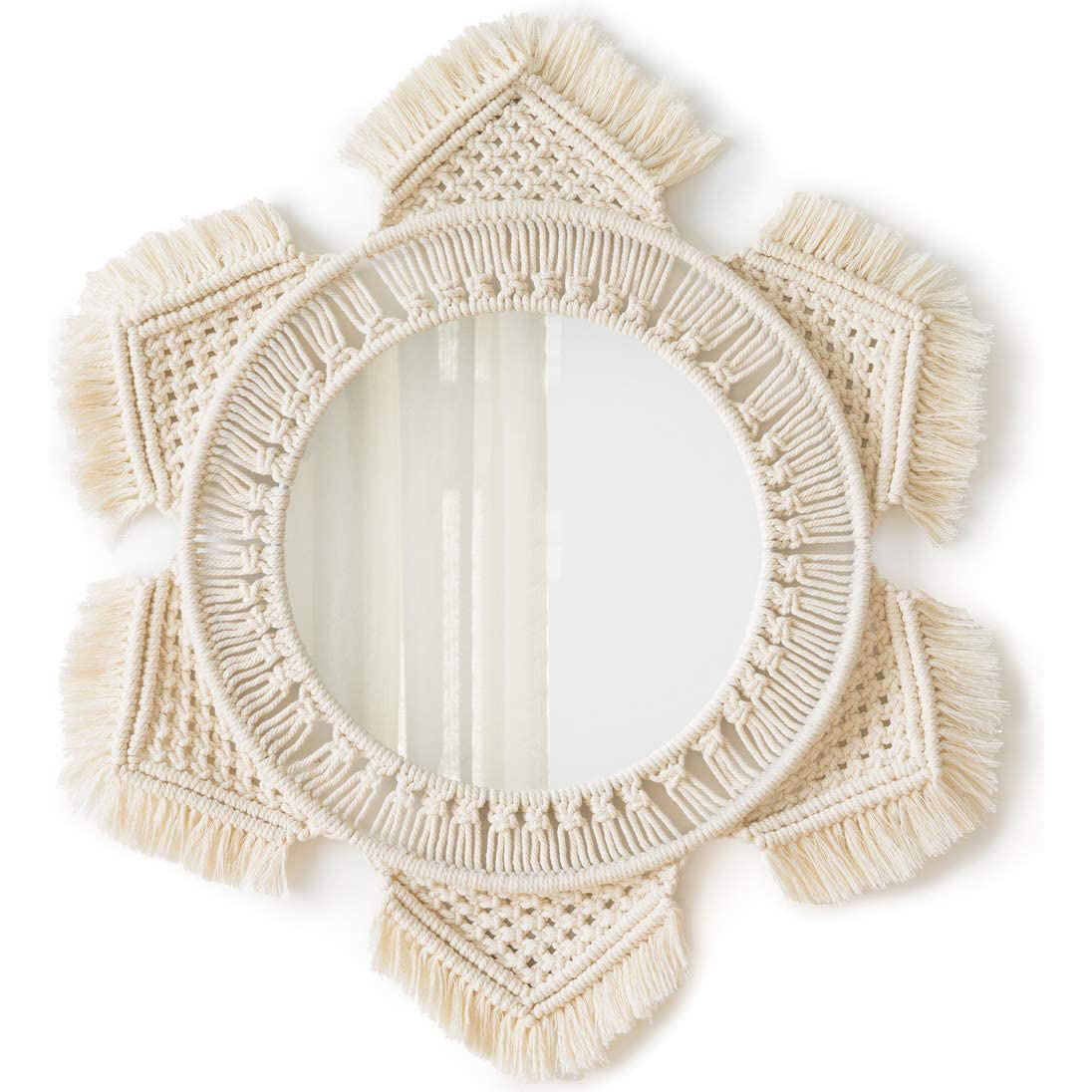 Wall Mirror with Macrame Fringe Round Boho Mirror Art Decor for Apartment Living Room Bedroom Baby Nursery Dorm Entryways