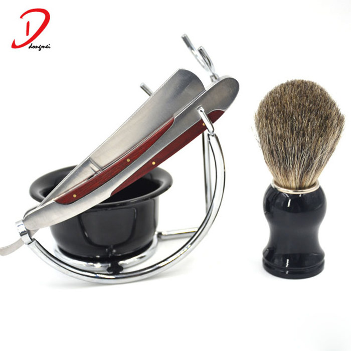 High Quality Metal Shaving Brush Set with straight razor Stand