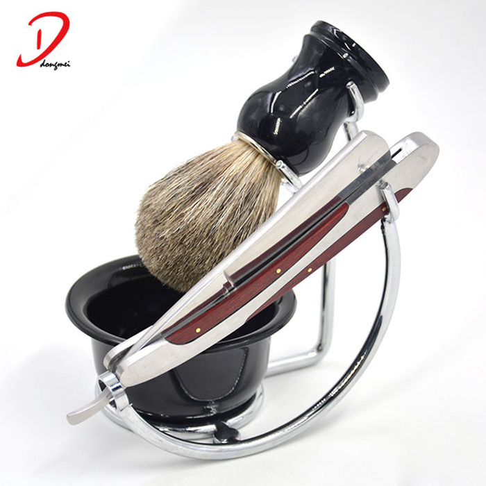 High Quality Metal Shaving Brush Set with straight razor Stand