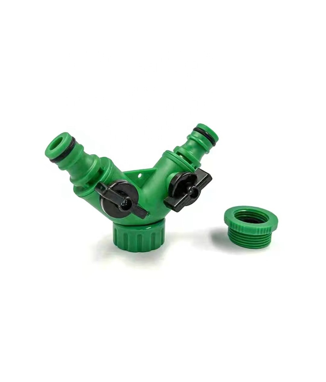 Green PP Plastic garden hose connectors Y 2-way hose splitter with valve