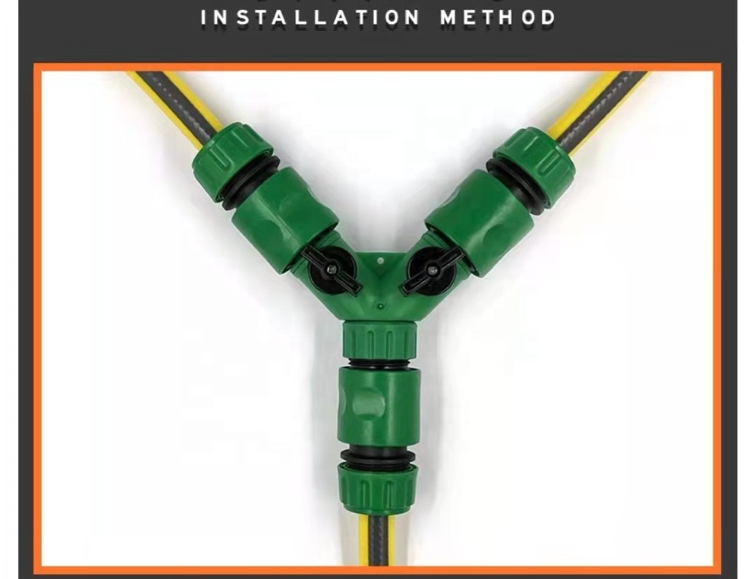 Green PP Plastic garden hose connectors Y 2-way hose splitter with valve