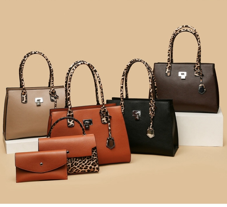 Guangzhou 2024 wholesale factory high quality leopard lady handbag 3 pieces big capacity leather women handbag set