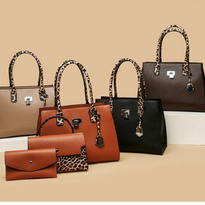 Guangzhou 2024 wholesale factory high quality leopard lady handbag 3 pieces big capacity leather women handbag set