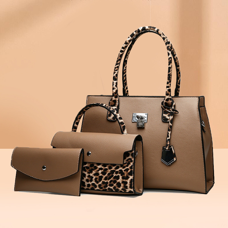 Guangzhou 2024 wholesale factory high quality leopard lady handbag 3 pieces big capacity leather women handbag set