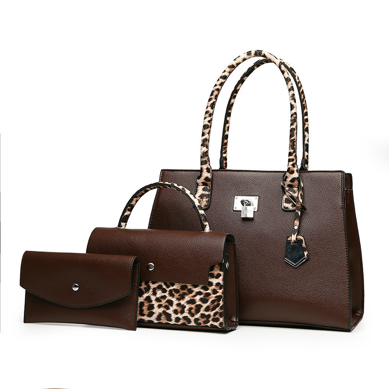 Guangzhou 2024 wholesale factory high quality leopard lady handbag 3 pieces big capacity leather women handbag set