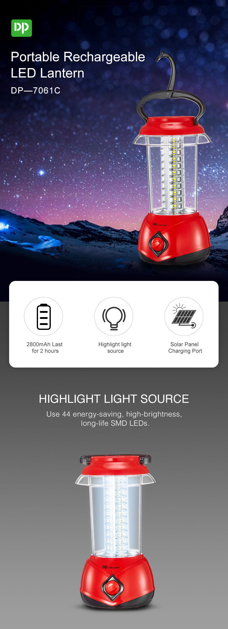 DP Camping Light SMD Red Flashing Outdoor Portable Solar Rechargeable LED Camping Lantern