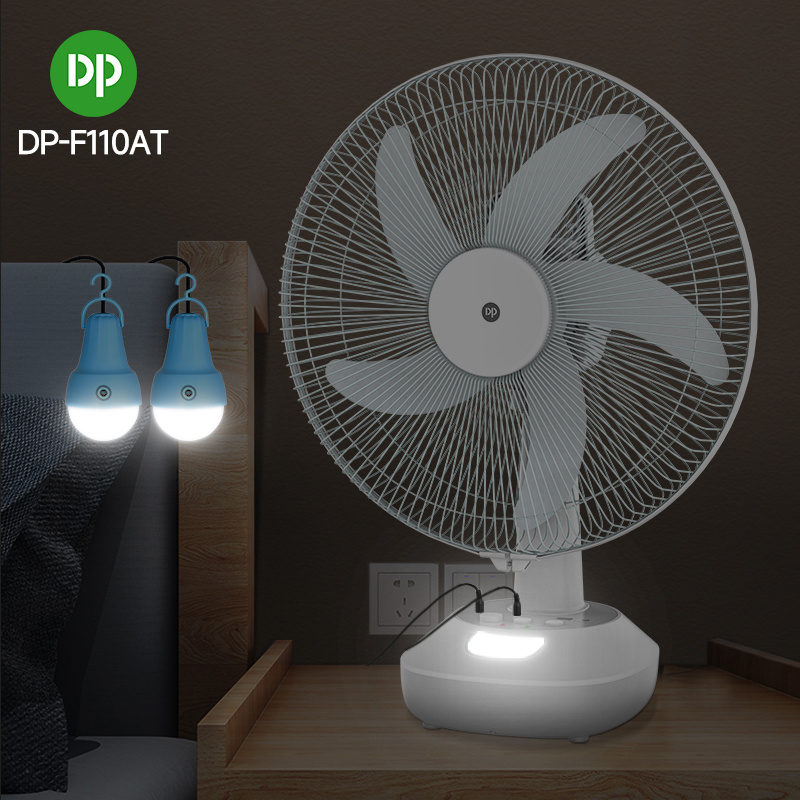 DP 16 inch Solar Fan Desk Table Fan Hand Held Dc Camping Rechargeable Portable Fan With Solar Panel LED Bulb