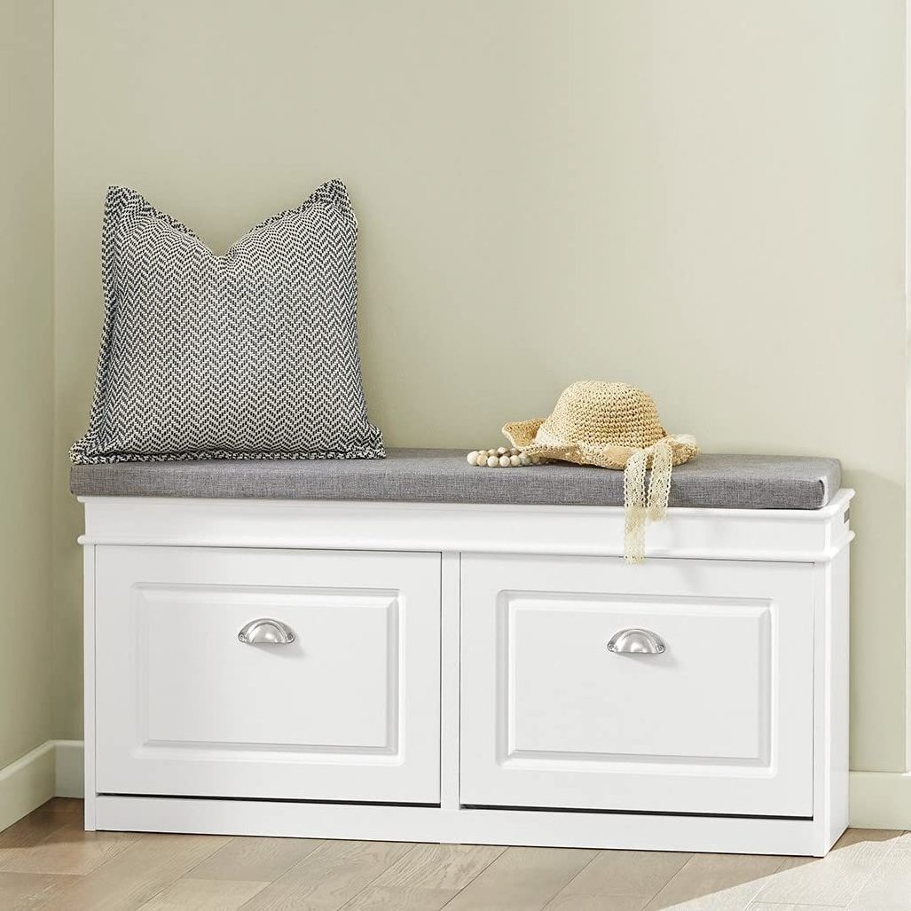 White Storage Bench with Drawers & Padded Seat Cushion for entryway