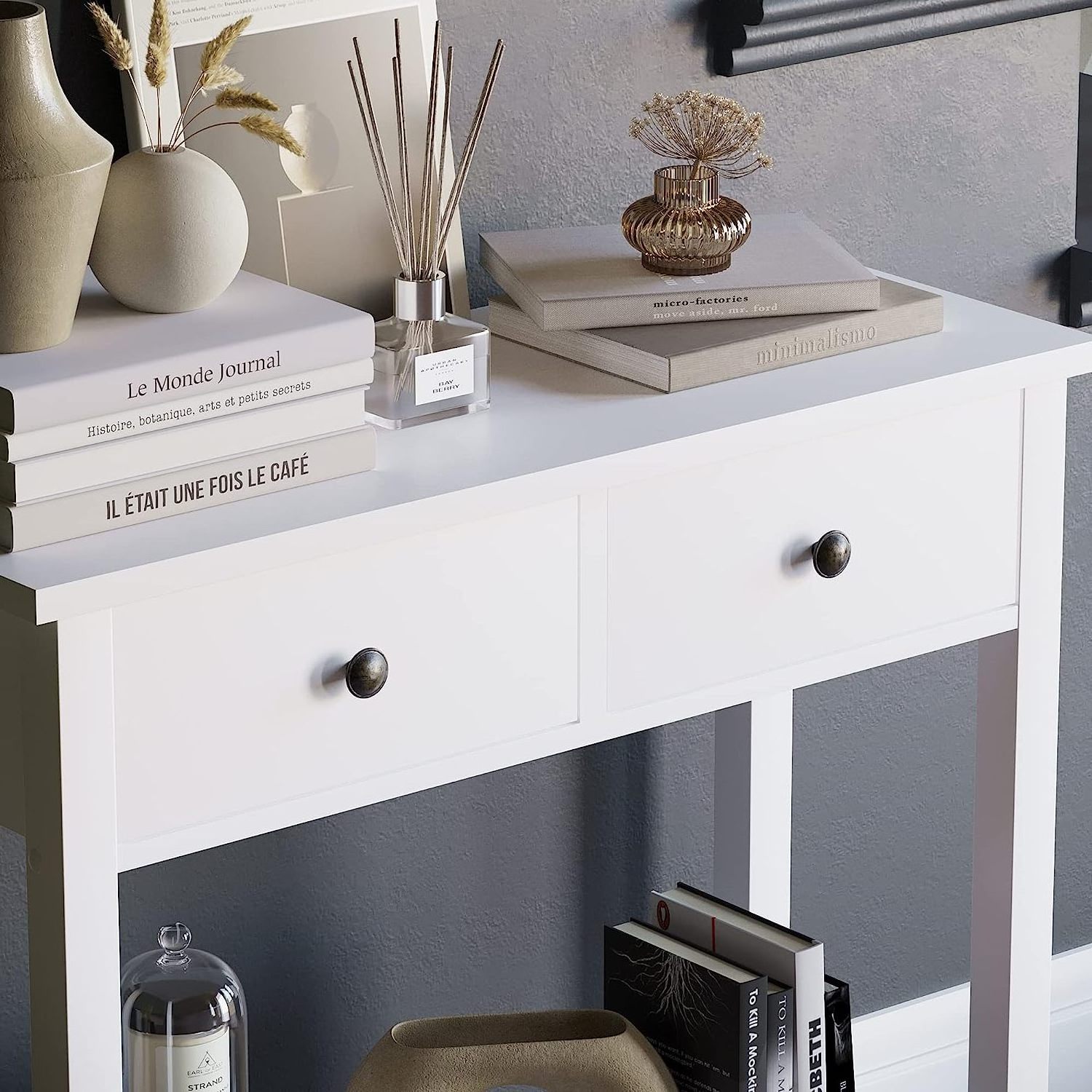 Small Wood Entry Way Console Cabinet Table with Drawers and Shelf