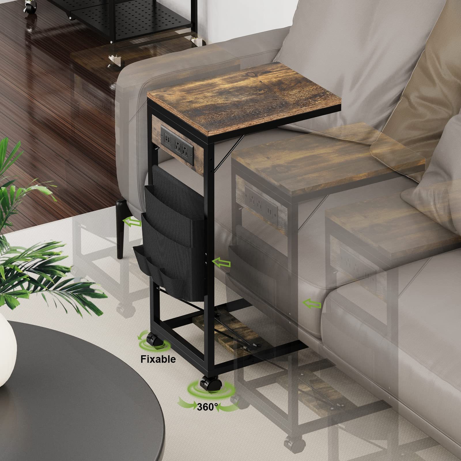 Assembled C End Table Foldable Side Table with Charging Station Storage Bag Wheels