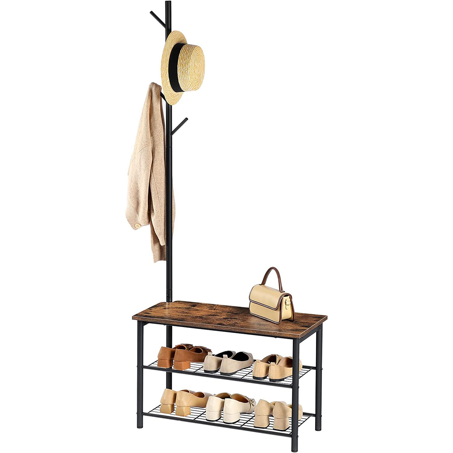 Industrial wood garment racks clothing Shoe Rack and Bench with Shelves Coat Rack Stand