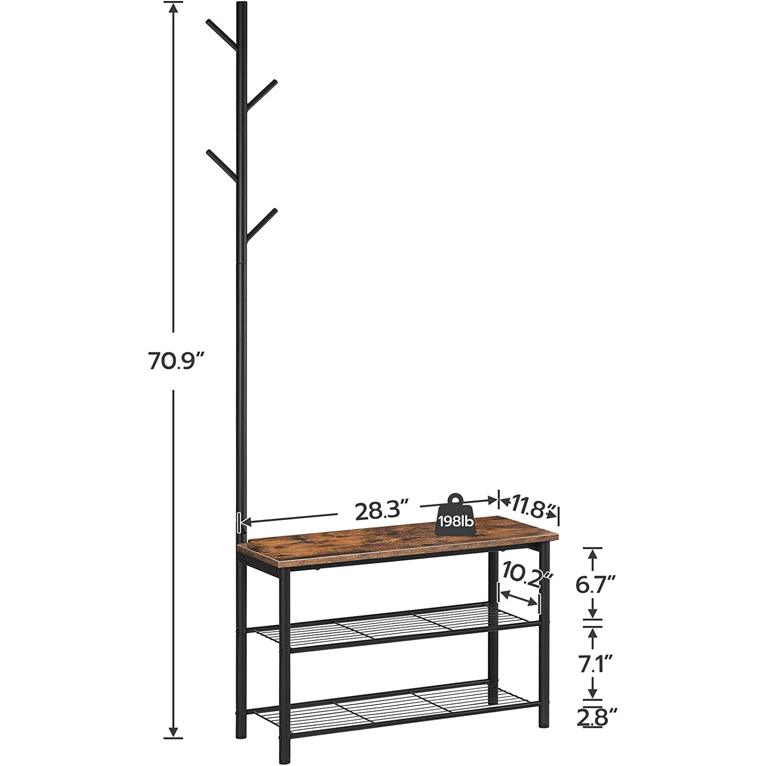 Industrial wood garment racks clothing Shoe Rack and Bench with Shelves Coat Rack Stand