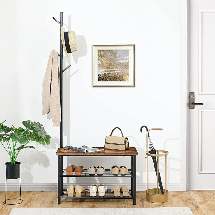 Industrial wood garment racks clothing Shoe Rack and Bench with Shelves Coat Rack Stand