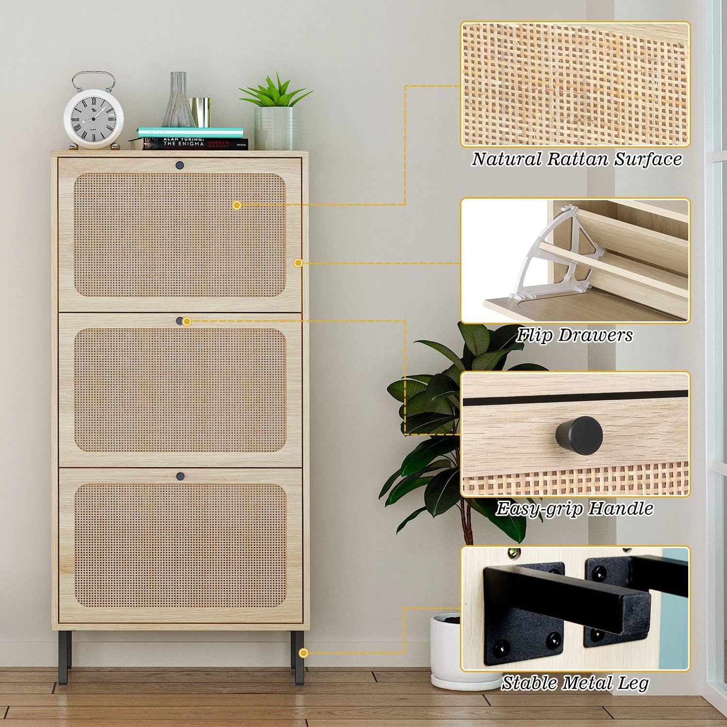 Rattan Shoe Cabinet with 3 Flip Drawers Metal Door Narrow Shoe Storage Cabinet for Entryway