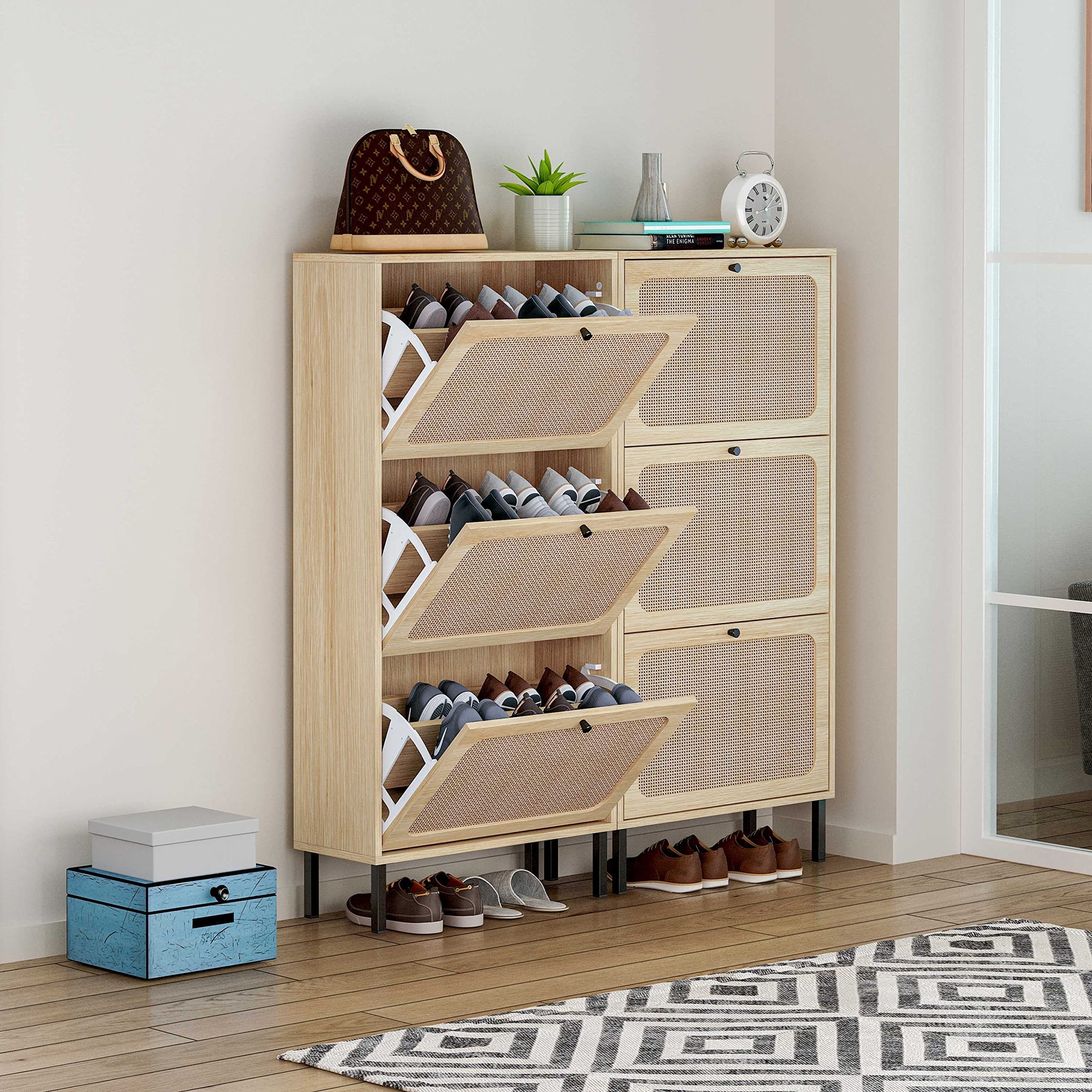 Rattan Shoe Cabinet with 3 Flip Drawers Metal Door Narrow Shoe Storage Cabinet for Entryway