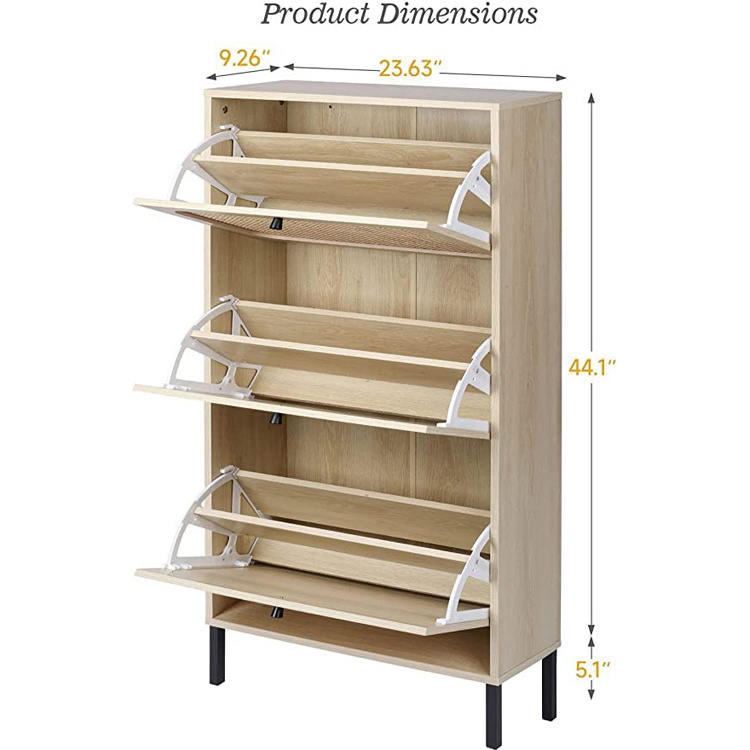 Rattan Shoe Cabinet with 3 Flip Drawers Metal Door Narrow Shoe Storage Cabinet for Entryway